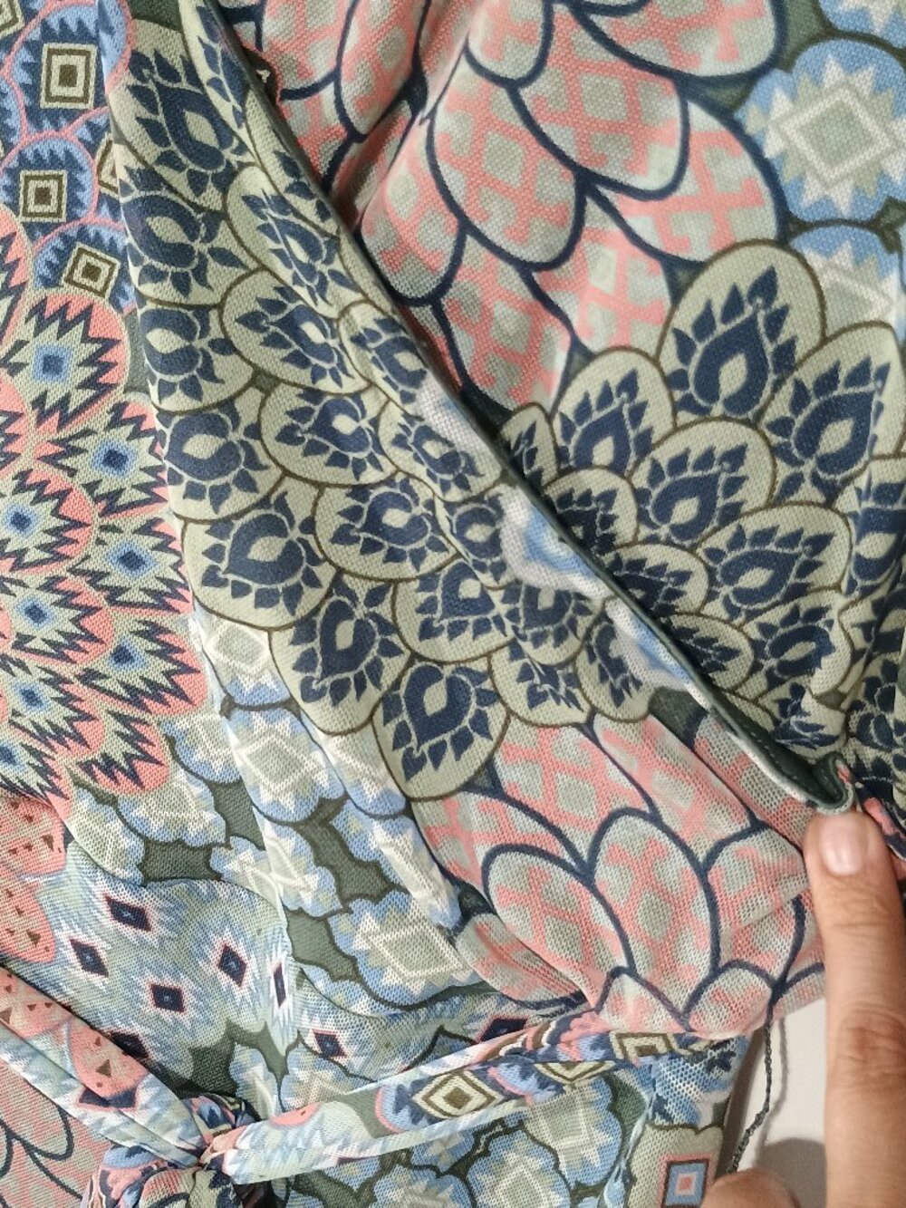 Willow & Rose 2X Boho Faux Wrap Midi Dress Blue Green Pink Geometric Floral Prin - Picture 7 of 8